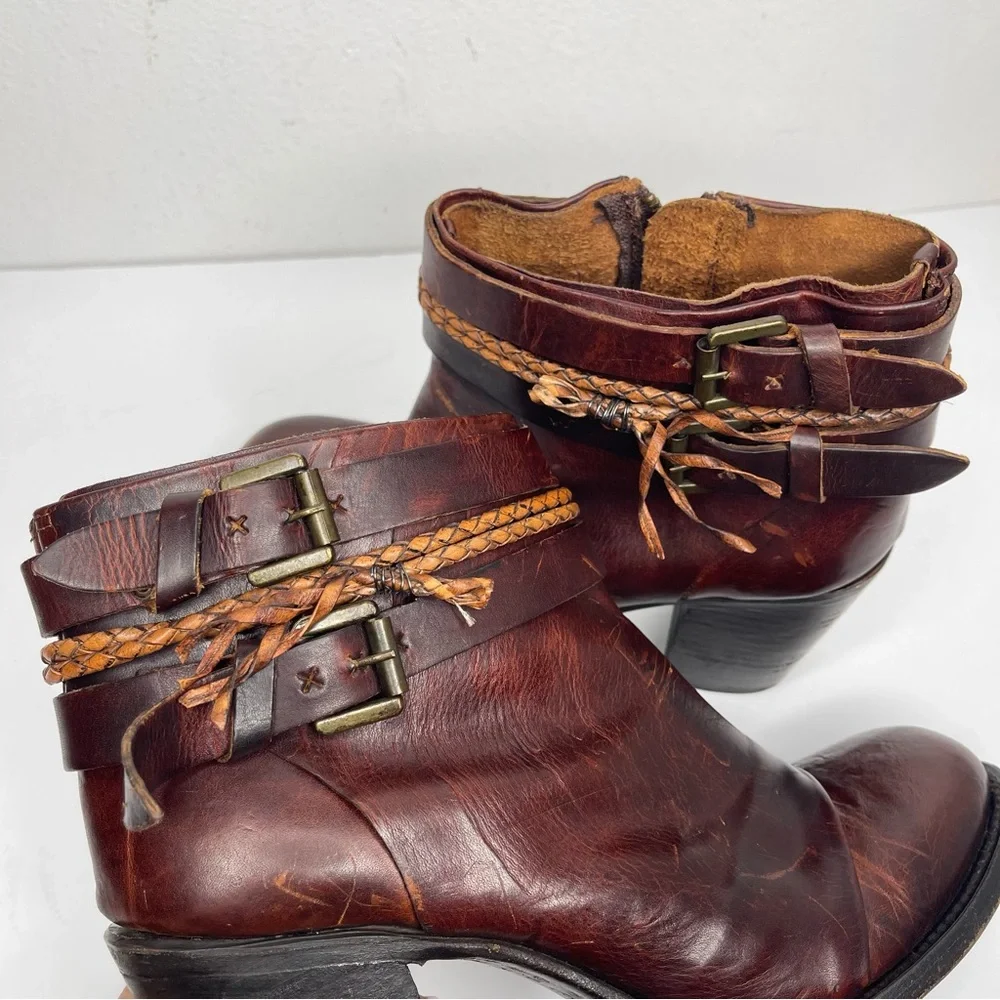 FREEBIRD by Steven Lion Heel Cognac REAL LEATHER Distressed Ankle Boot Size 11